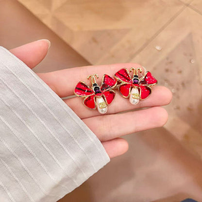 [Lume Jewels] Ladybug Enamel & Faux Pearl Clip-On Earrings