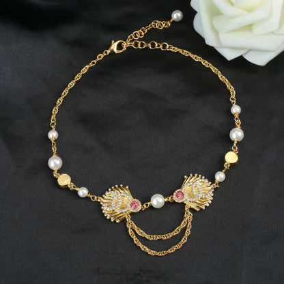 [Lume Jewels]Vintage Fan Motif Double CC Crystal & Pearl Necklace