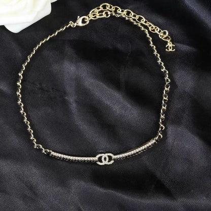 [Lume Jewels]Black Leather Interwoven Crystal CC Choker Necklace